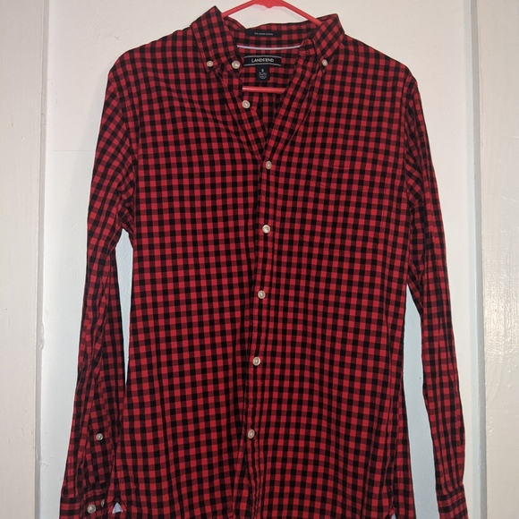 Lands End Gingham Button Up Long Sleeve Red Black Checkered - Picture 1 of 3